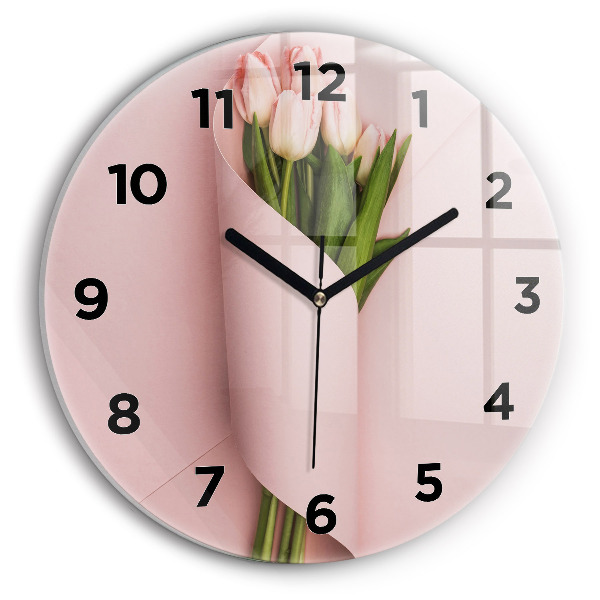 Kulaté skleněné hodiny s fotkou Kytice tulipánů