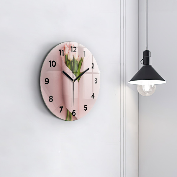 Kulaté skleněné hodiny s fotkou Kytice tulipánů