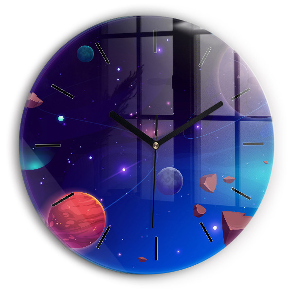 Kulaté skleněné hodiny s fotkou Galaxie planet