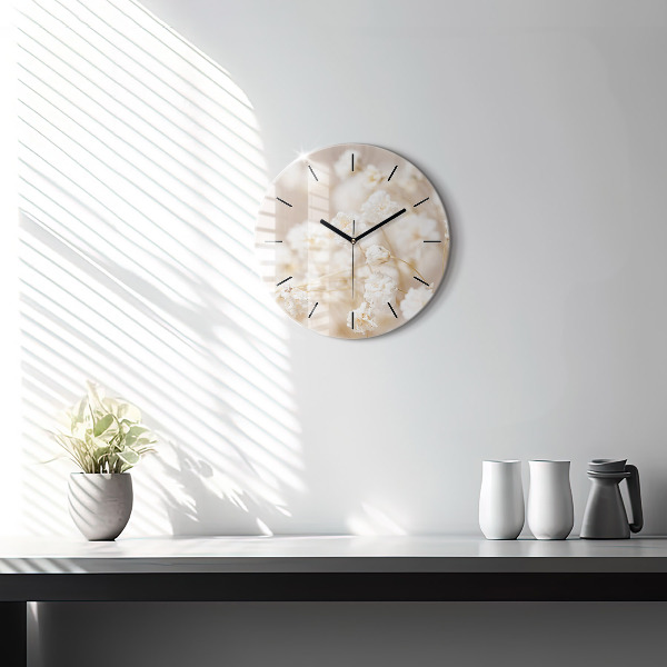 Kulaté skleněné hodiny s fotkou Malé bílé květy