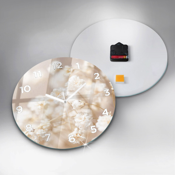 Kulaté skleněné hodiny s fotkou Malé bílé květy