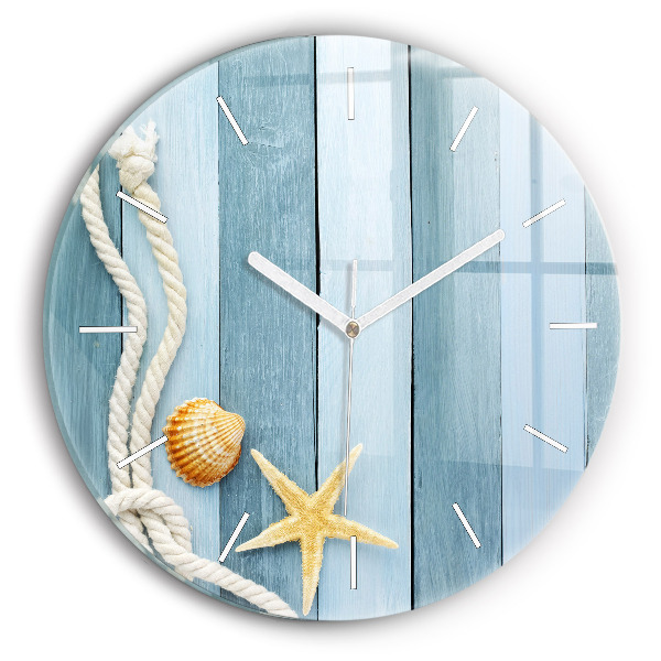 Kulaté skleněné hodiny s fotkou Pruhy prken a mušle