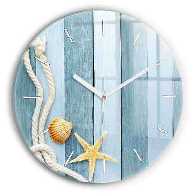 Kulaté skleněné hodiny s fotkou Pruhy prken a mušle
