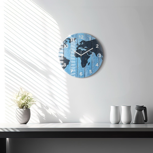 Kulaté skleněné hodiny s fotkou Mapa světa na deskách