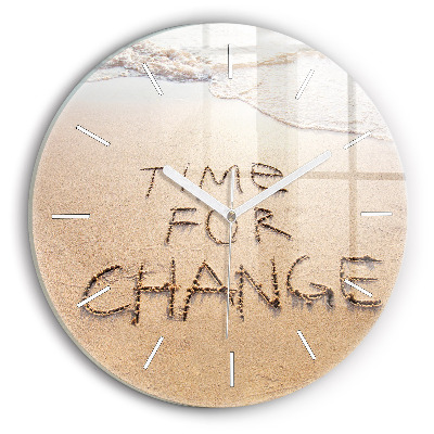 Kulaté skleněné hodiny s fotkou Citát na pláži