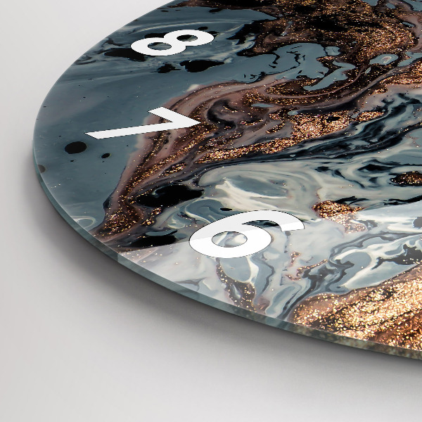 Kulaté skleněné hodiny s fotkou Mramorová zlatá abstrakce