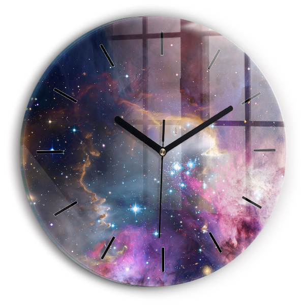Kulaté skleněné hodiny s fotkou Galaxie a hvězdy