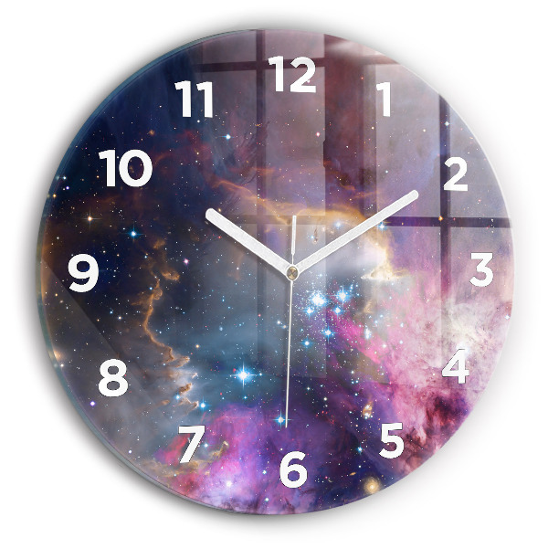 Kulaté skleněné hodiny s fotkou Galaxie a hvězdy