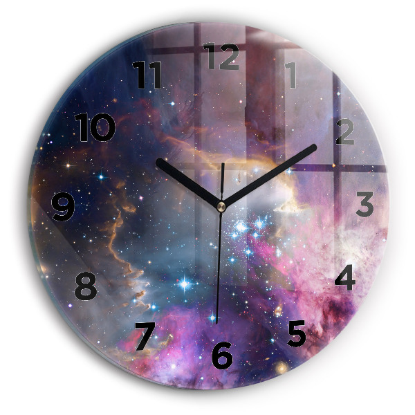 Kulaté skleněné hodiny s fotkou Galaxie a hvězdy