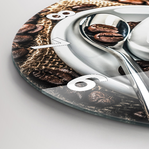 hodiny na skle Šálek a kávová zrna