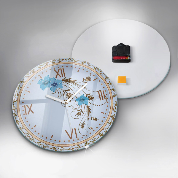 Kulaté skleněné hodiny Modré květy